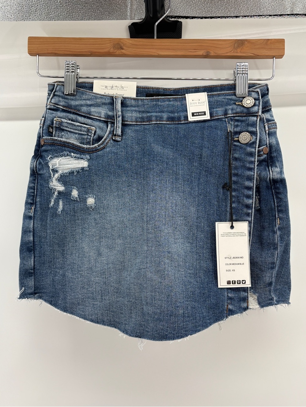 Judy Blue XS Denim Skort Skirt Shorts Wrap Front Distressed Mid Rise NWT